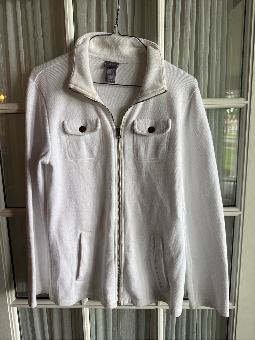 Laura Scott Women's White Ribbed Full-Zip Jacket Mock Neck Sz S Petite